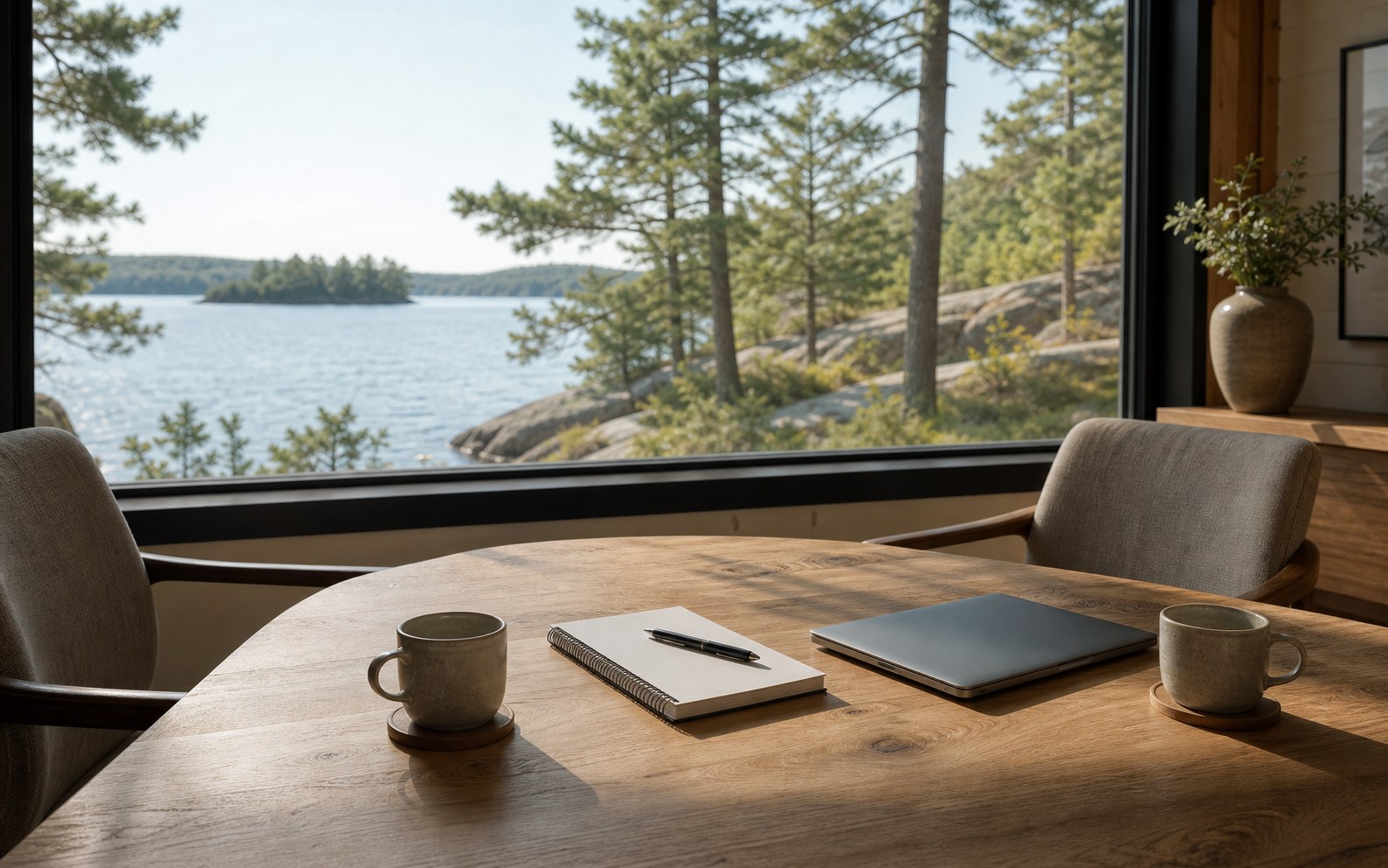 A quiet Muskoka cottage table prepared for a mortgage planning conversation