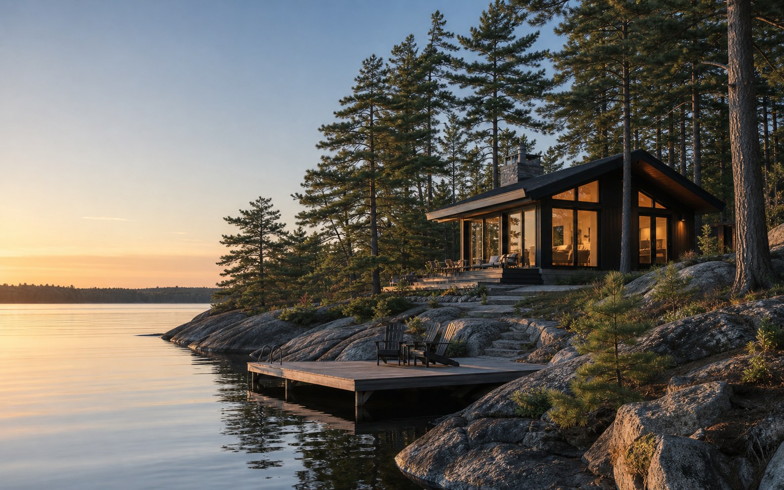 Modern Muskoka cottage on granite shoreline at sunset