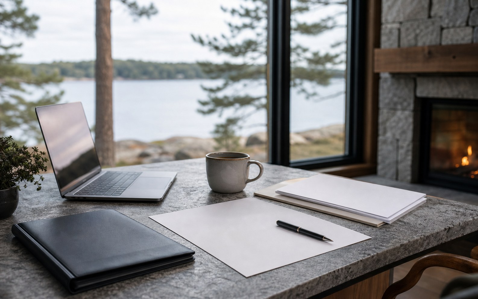 Mortgage documents on a stone desk beside a fireplace and lake-view window