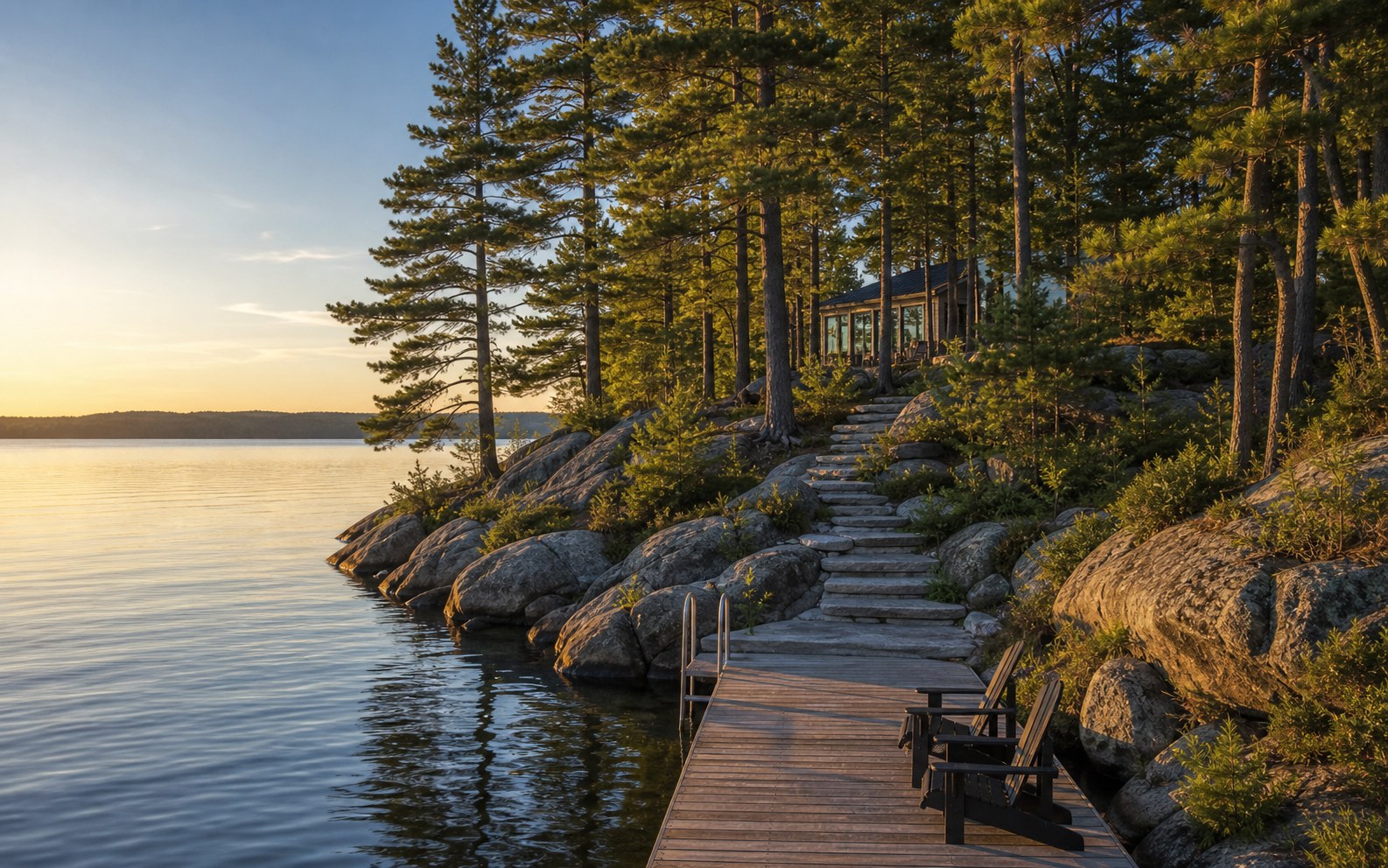 Muskoka granite shoreline, evergreens, and calm water at sunset