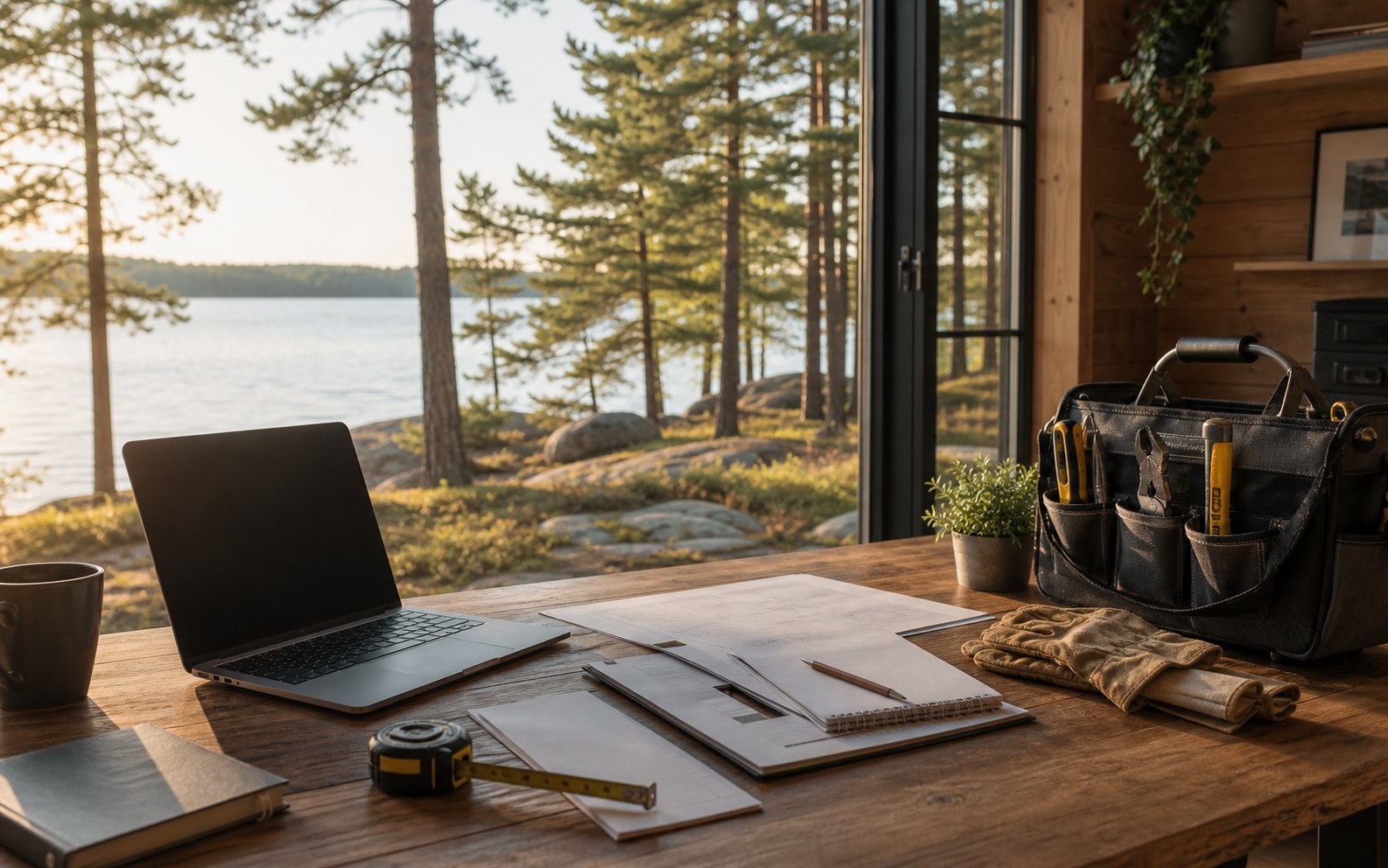 Electrician tools and self-employed mortgage documents on a Muskoka cottage desk