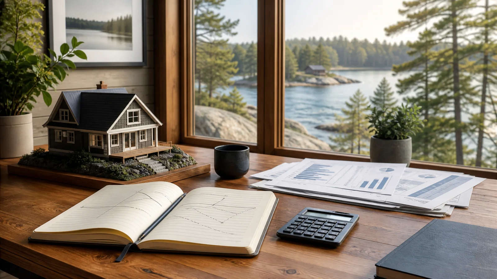 Muskoka lakehouse desk with a cottage model, calculator, ledger, and investment planning documents